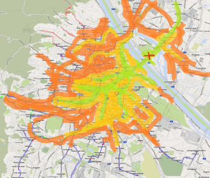 Erreichbarkarte zeigt graphisch wie lange man von einem Ort zu jedem anderen in Wien braucht.